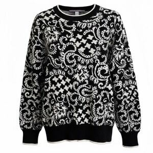 Vintage OSSI Skiwear Sweater Black White Paisley Knit‎ Crewneck 90s Après Ski L